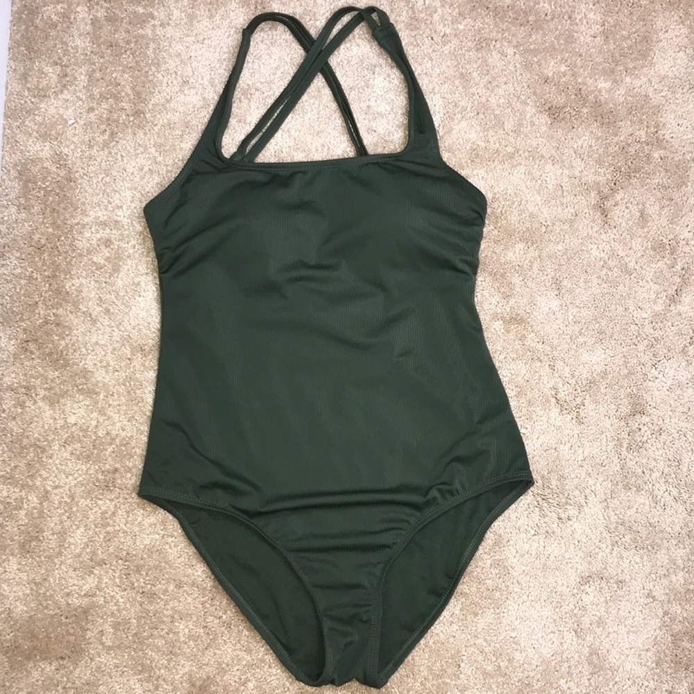 Hurley Women’s Ribbed Olive Green Crossover Straps One Piece Bathing Suit